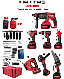 Haktaş HKT1015 Yeni Nesil Kırmızı 7li Şarjlı Vidalama Matkap Seti 21V 3ah - Kırıcı Delici, Somun Sıkma, Vidalama, Dal Budama Makası, Dekupaj, Avuç Taşlama, Dal Testeresi